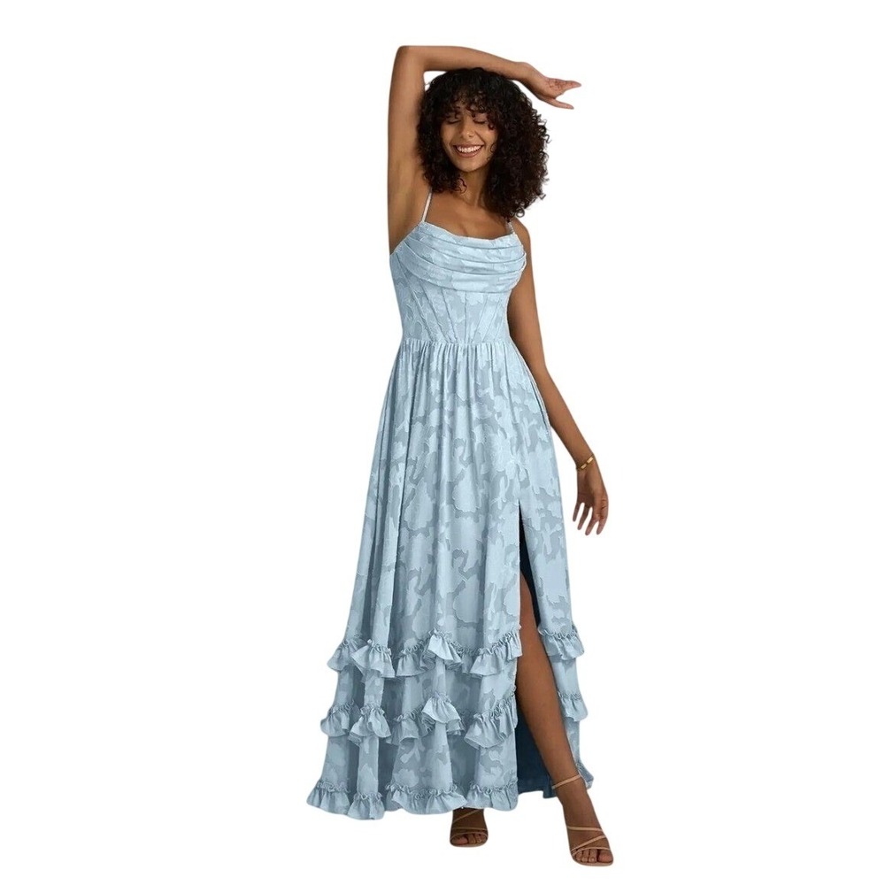Azazie Lettie Dress Womens 14 Sky Blue Floral Jacquard Maxi Ruffle Formal